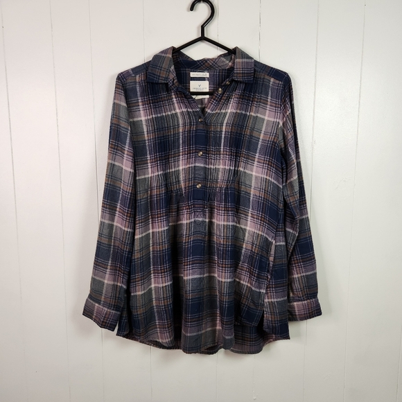 American Eagle Purple Plaid Flannel Pullover Long Sleeve Shirt Top Babydoll - Picture 2 of 6